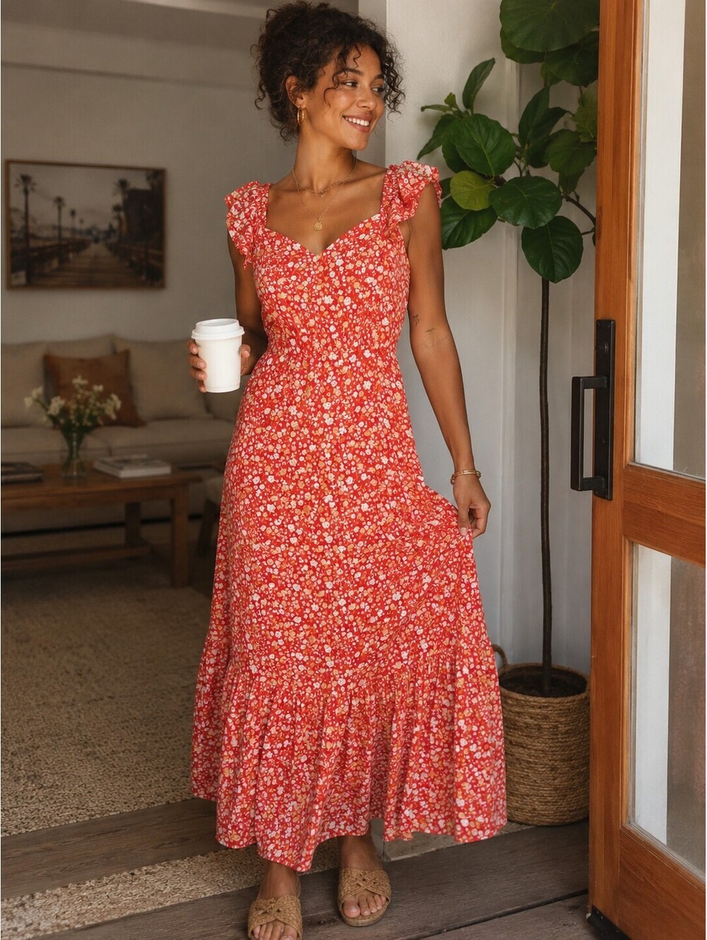 Lulus | S | Orange Floral Ruffle Sleeve Dress